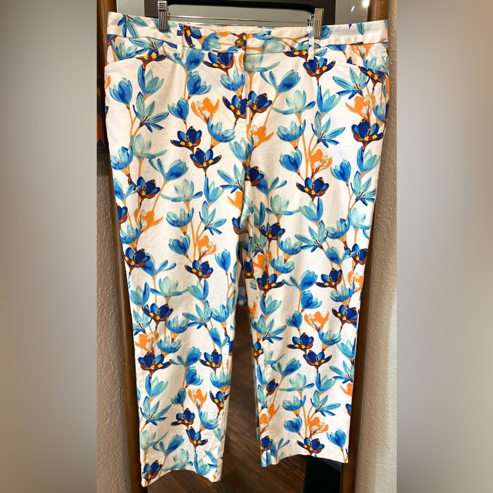 Lands End White Blue Floral Summer Spring Staright Leg Pants size 18